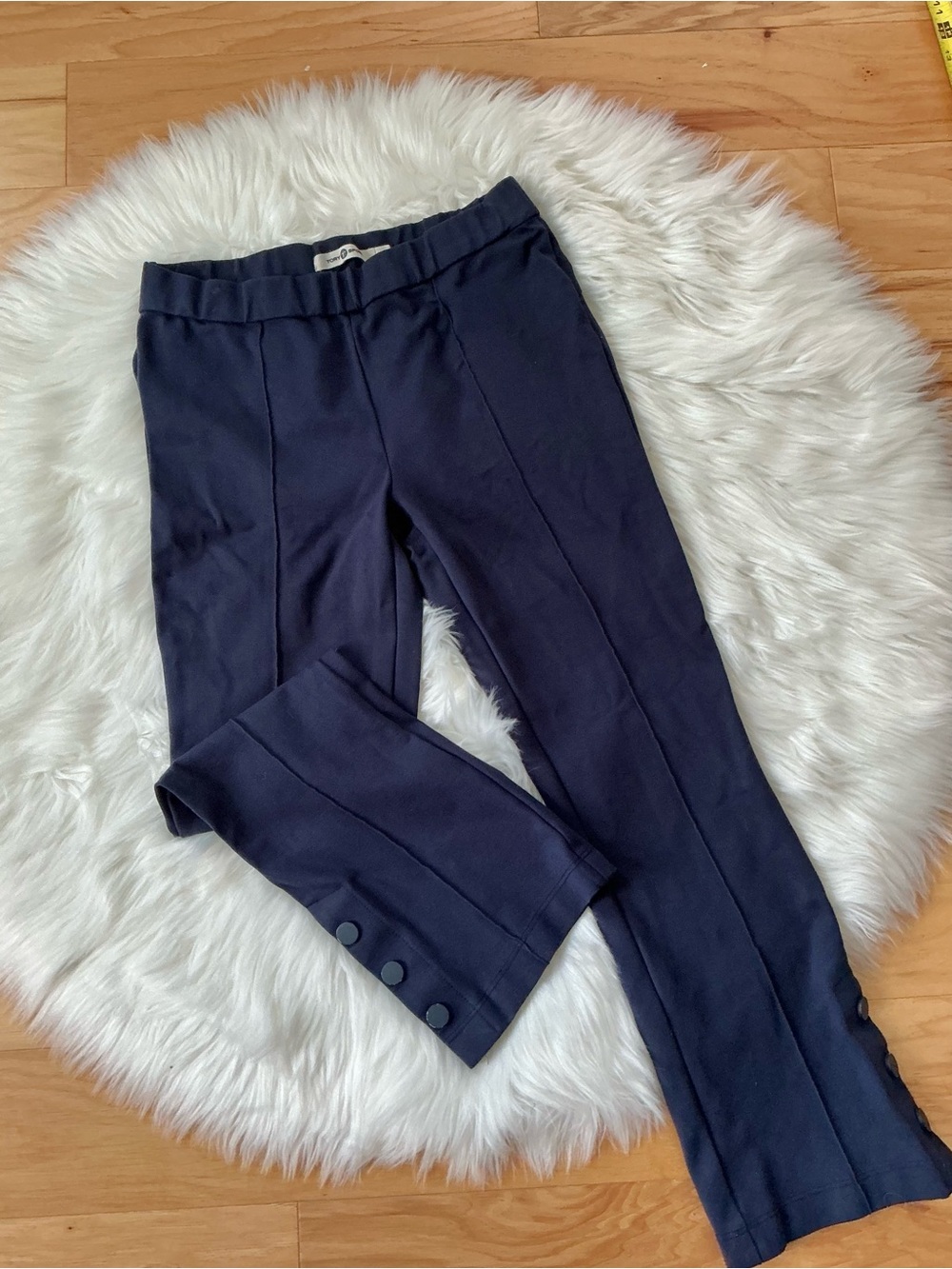 Tory Burch Navy Cropped Bell Flare Pointe Ankle Pants Button Hem Size Medium